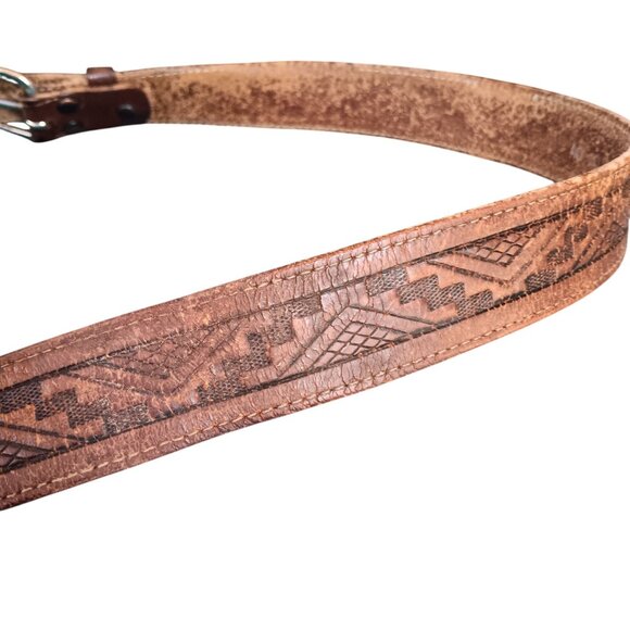 Vintage 40 Genuine Leather Belt Embossed Geometric Aztec Mexico Made 1980's - Picture 4 of 6